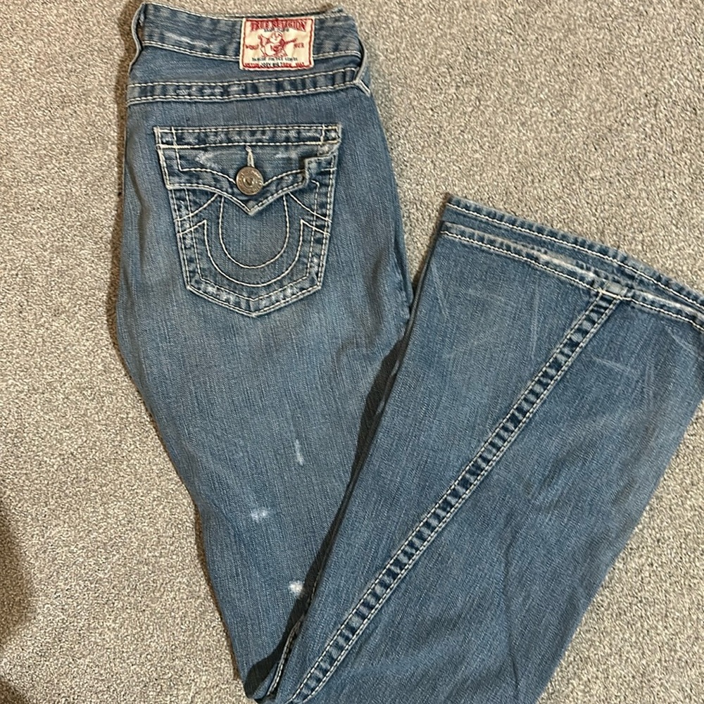 True Religion Joey Big T distressed bootcut jeans.  Sz 28- 32” inseam